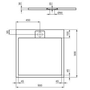 Receveur de douche antidérapant Ultra Flat S I.Life recoupable avec bonde longueur 90 x 90