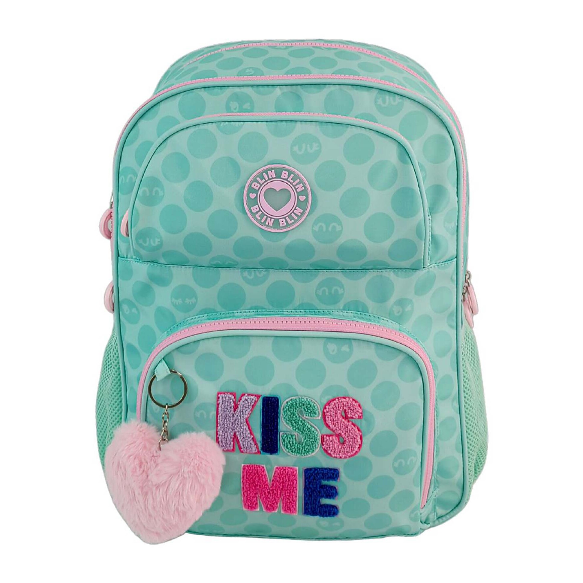 Mochila Primaria Blin Blin Kiss Me con doble compartimento adaptable a carro.