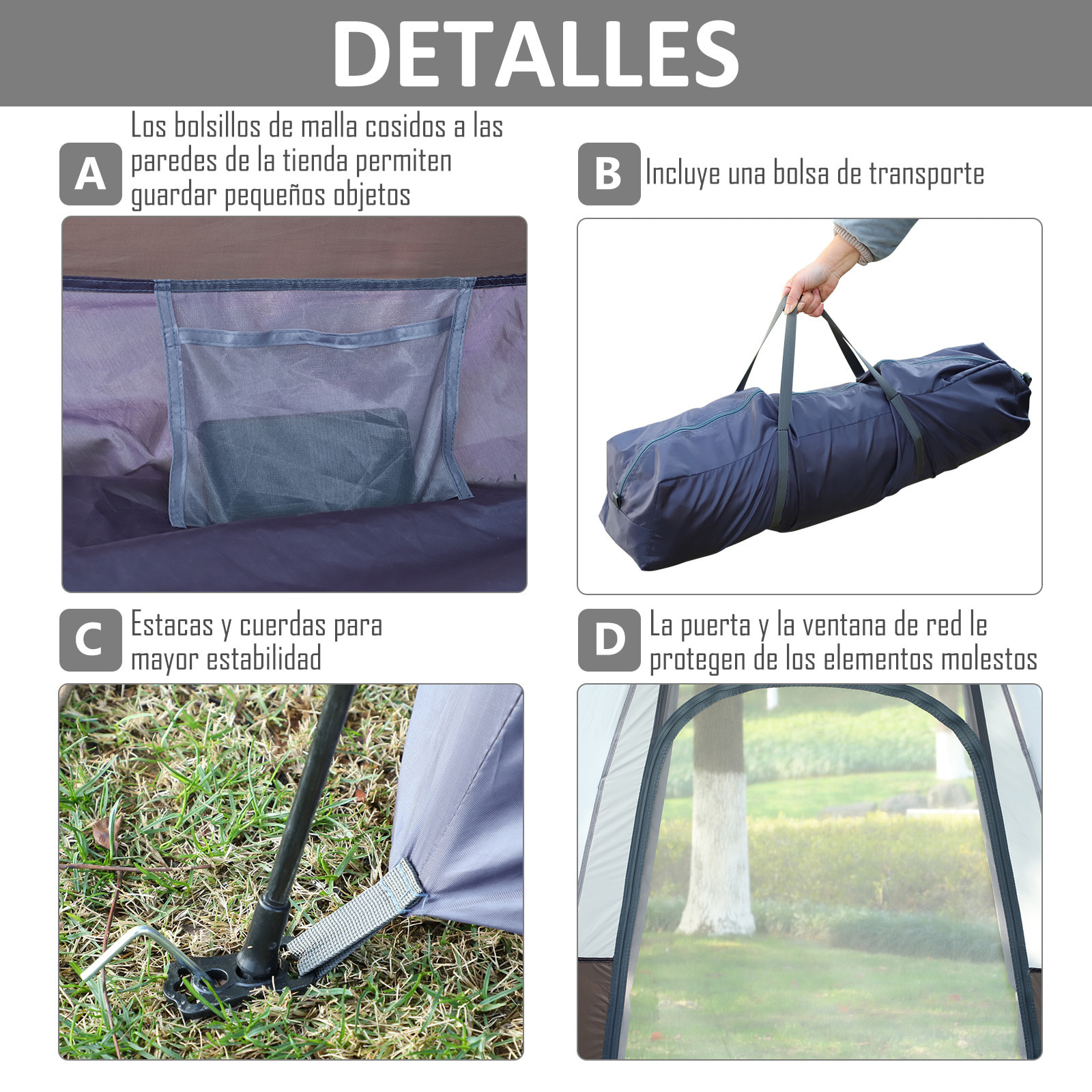 Tienda de Campaña para 2-3 Personas Tienda de Camping Plegable con 2 Puertas Impermeable Anti-UV Palanca Automática y Bolsas para Senderismo Playa 260x260x150 cm Negro y Gris