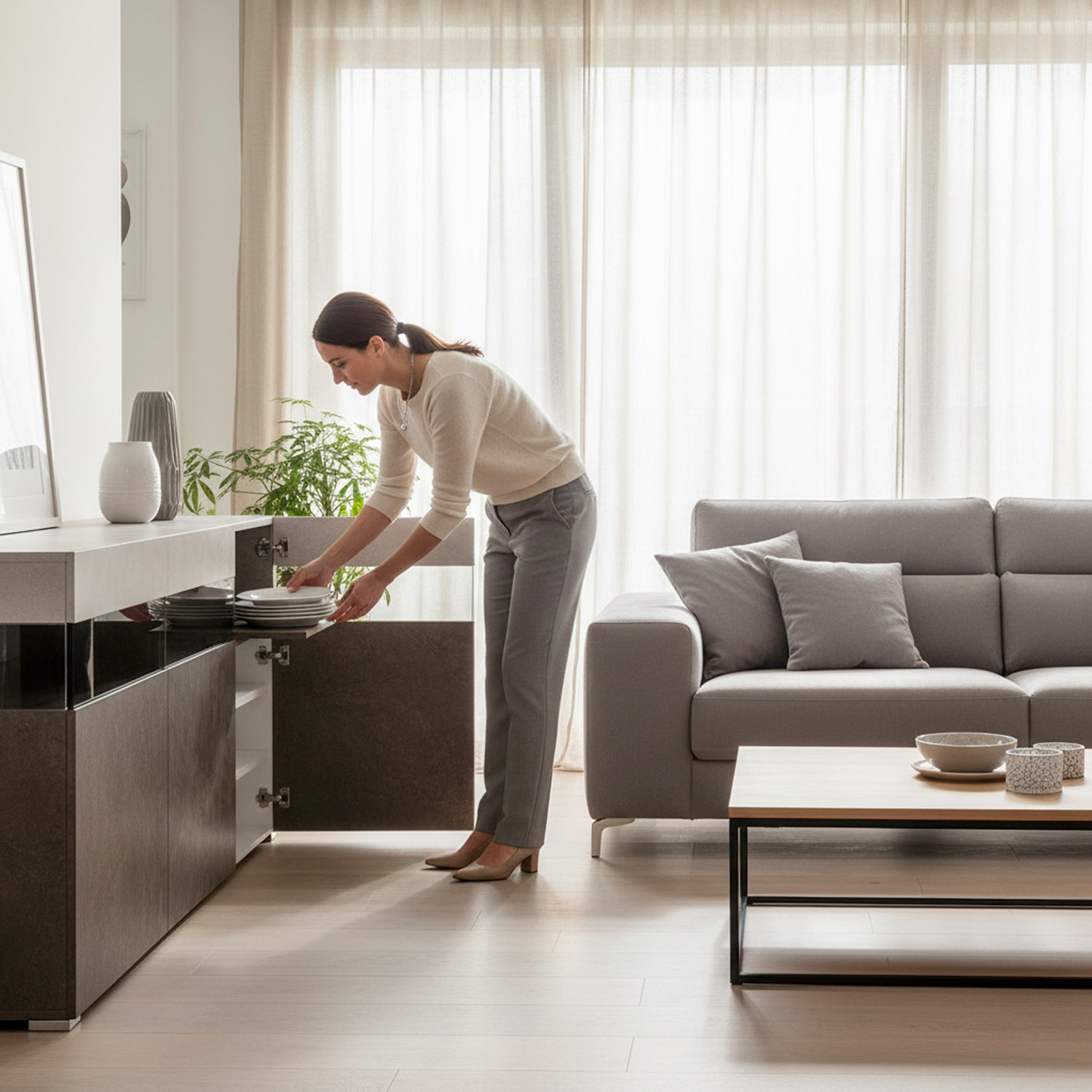 Madia Soggiorno Con 3 Ante Push-Pull E 3 Vani A Giorno in Vetro Mobile Credenza Moderna Zona Living 180 x 41.2 x 80 Cm Ossido E Grigio Cemento