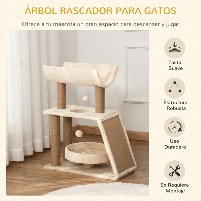 Rascador para Gatos Árbol para Gatos Altura 76 cm con 4 Postes Rascadores Nido Plataforma en U Almohadilla para Rascar Bolas Colgantes Marrón Claro