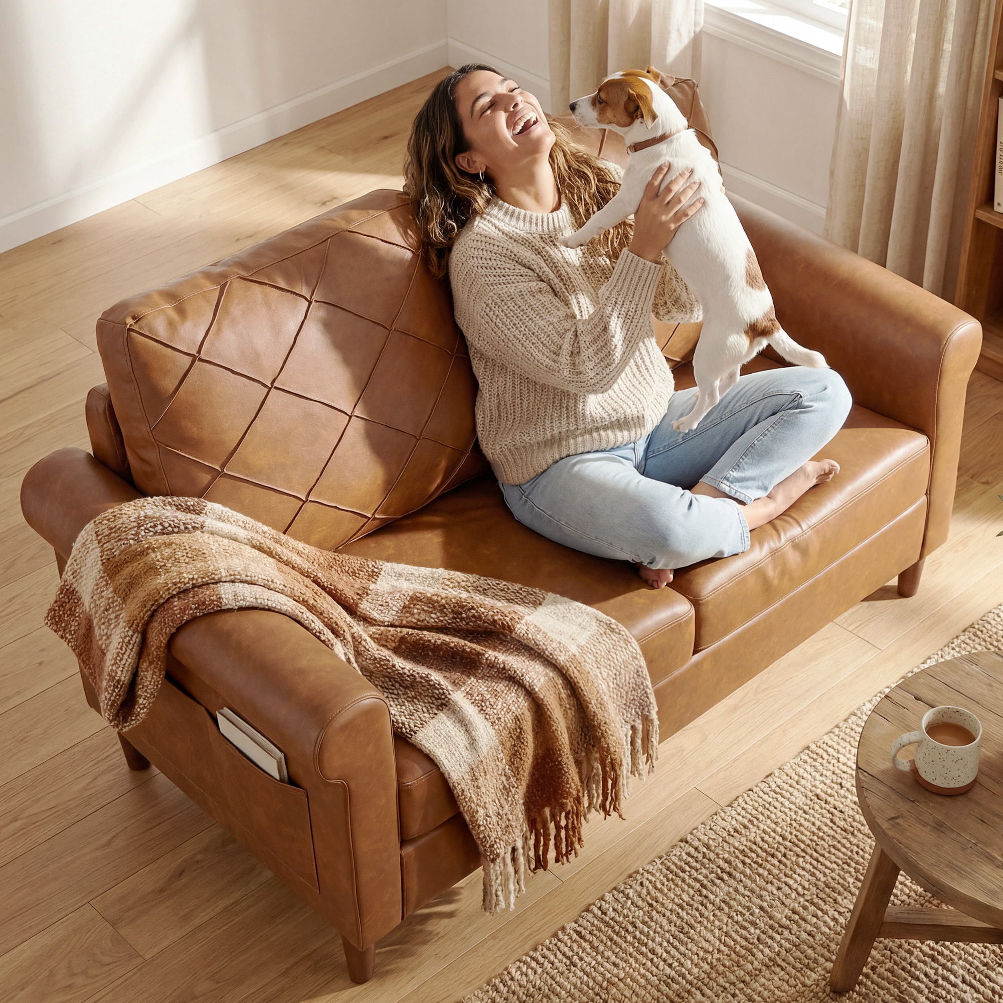 Sofá de 2 Plazas, Sofá Moderno, Tapizado en PU, Cojín Grueso, Respaldo con Costuras, Asiento Amplio, Patas de Madera Maciza para Salón, Dormitorio y Oficina, 134x71x82 cm, Marrón