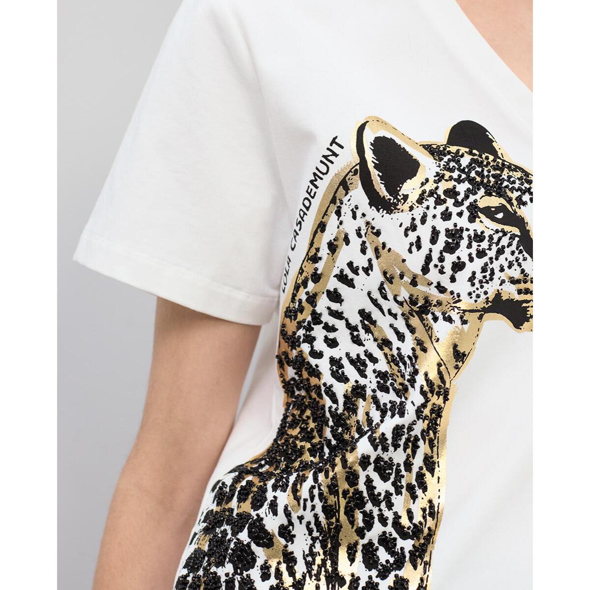 Maglietta con scollo a V con stampa animalier e perline