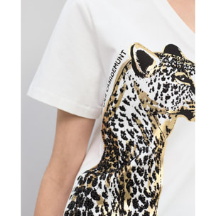 Maglietta con scollo a V con stampa animalier e perline