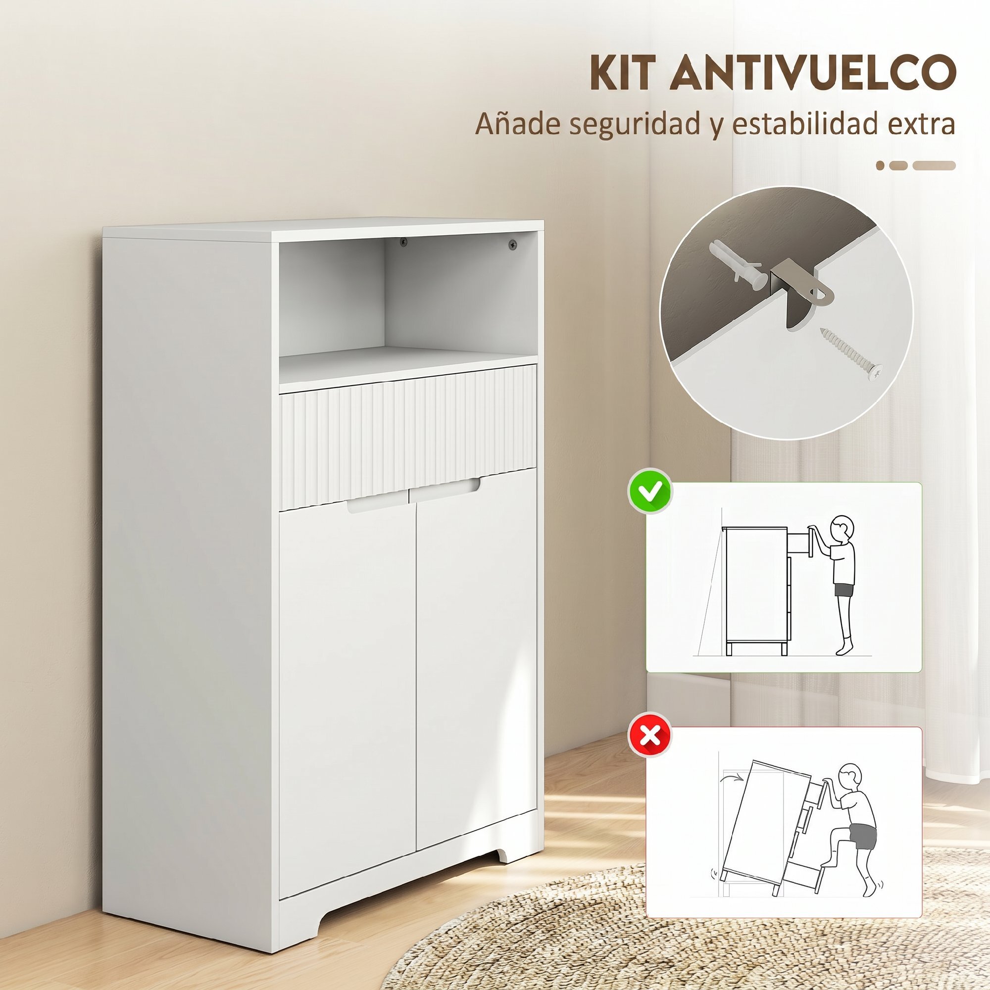 HOMCOM Armario de Baño Estrecho, Mueble de Baño con Cajón de Frontal Acanalado, Estante Abierto, 2 Puertas y Estante Ajustable, Estilo Moderno, 60x30x91,5 cm, Blanco