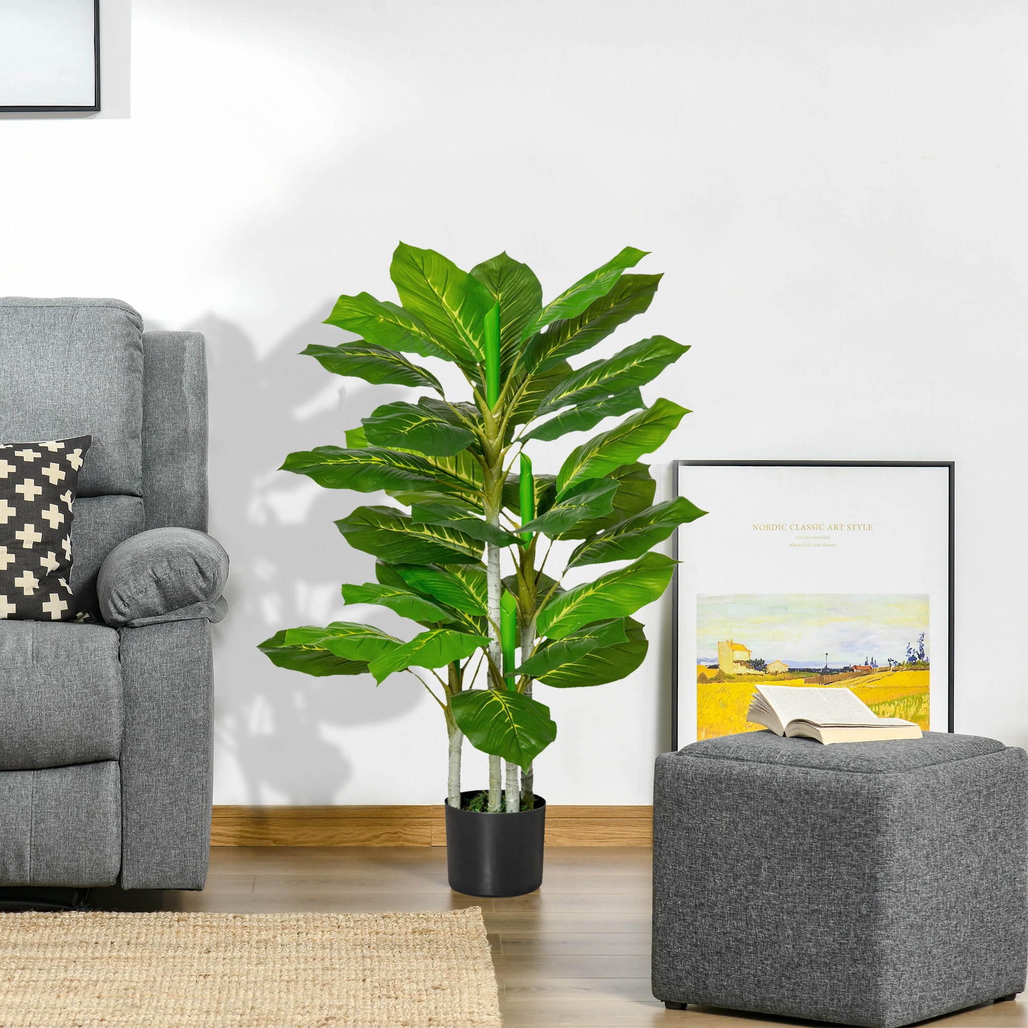 HOMCOM Planta Artificial de 95 cm con 33 Hojas Realistas en Maceta de Cemento Planta Imitación Hoja Perenne Interior y Exterior para Decoración Salón Oficina Verde