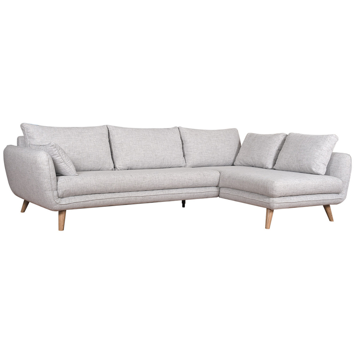 Canapé d'angle droit scandinave 5 places en tissu gris clair chiné et bois clair CREEP