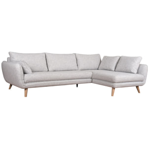 Canapé d'angle droit scandinave 5 places en tissu gris clair chiné et bois clair CREEP