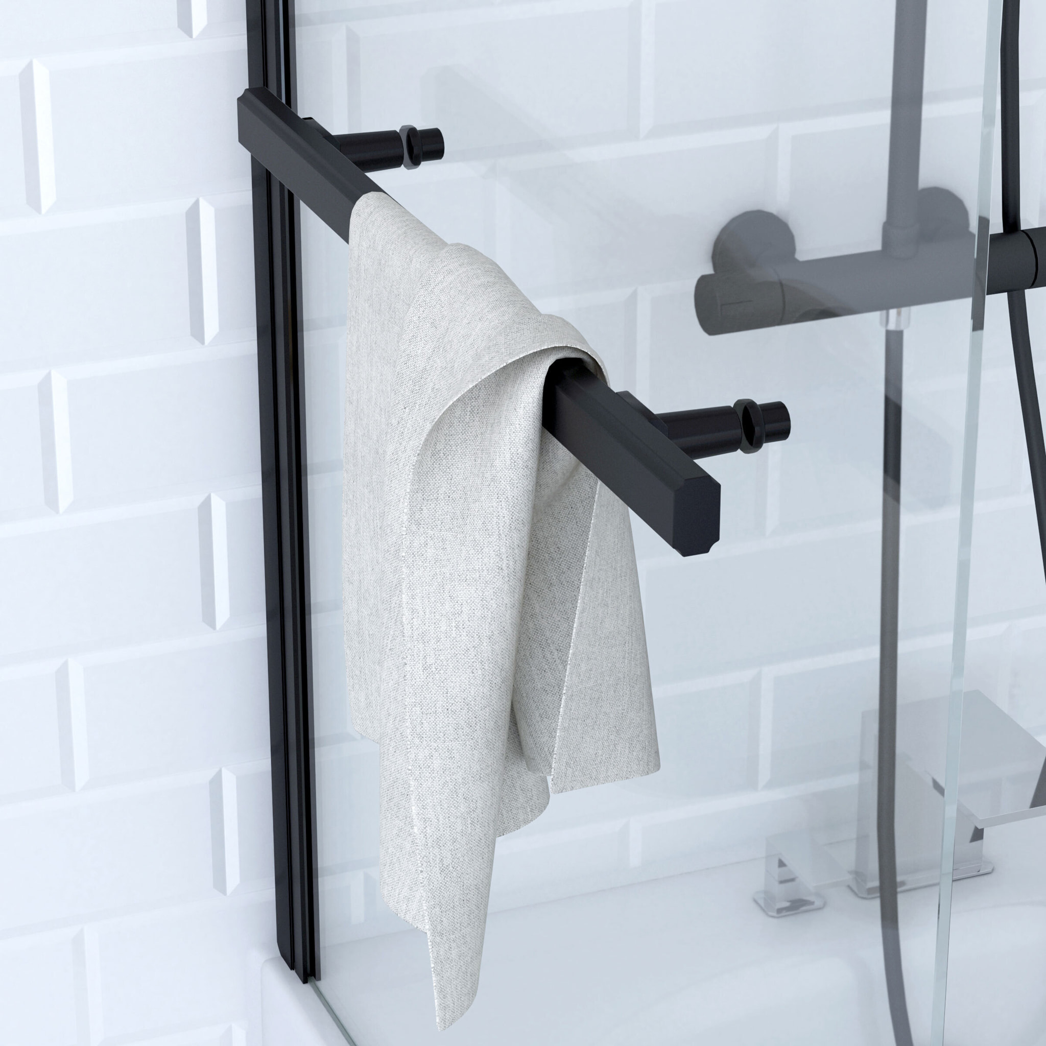 Pare baignoire Pivotant avec Porte-Serviette 85x150cm - Profilé Noir - Verre 6mm - TSHAPE DARK