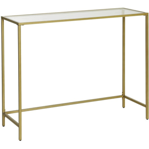 Console da salotto moderna dorata con piano in vetro