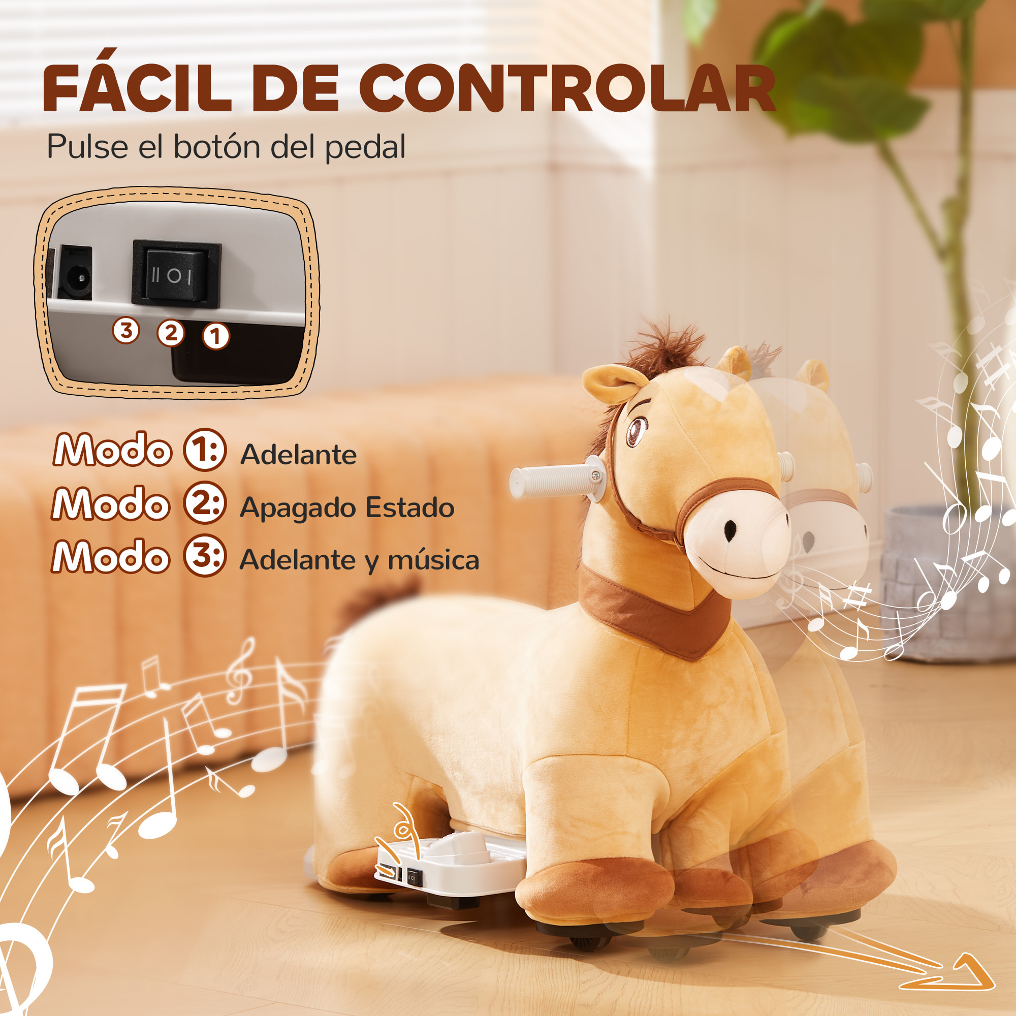 Caballo Eléctrico para Niños de 18 a 36 Meses Caballo de Juguete Eléctrico con Batería 6V Ruedas y Música Carga 25 kg 69x34x53 cm Marrón