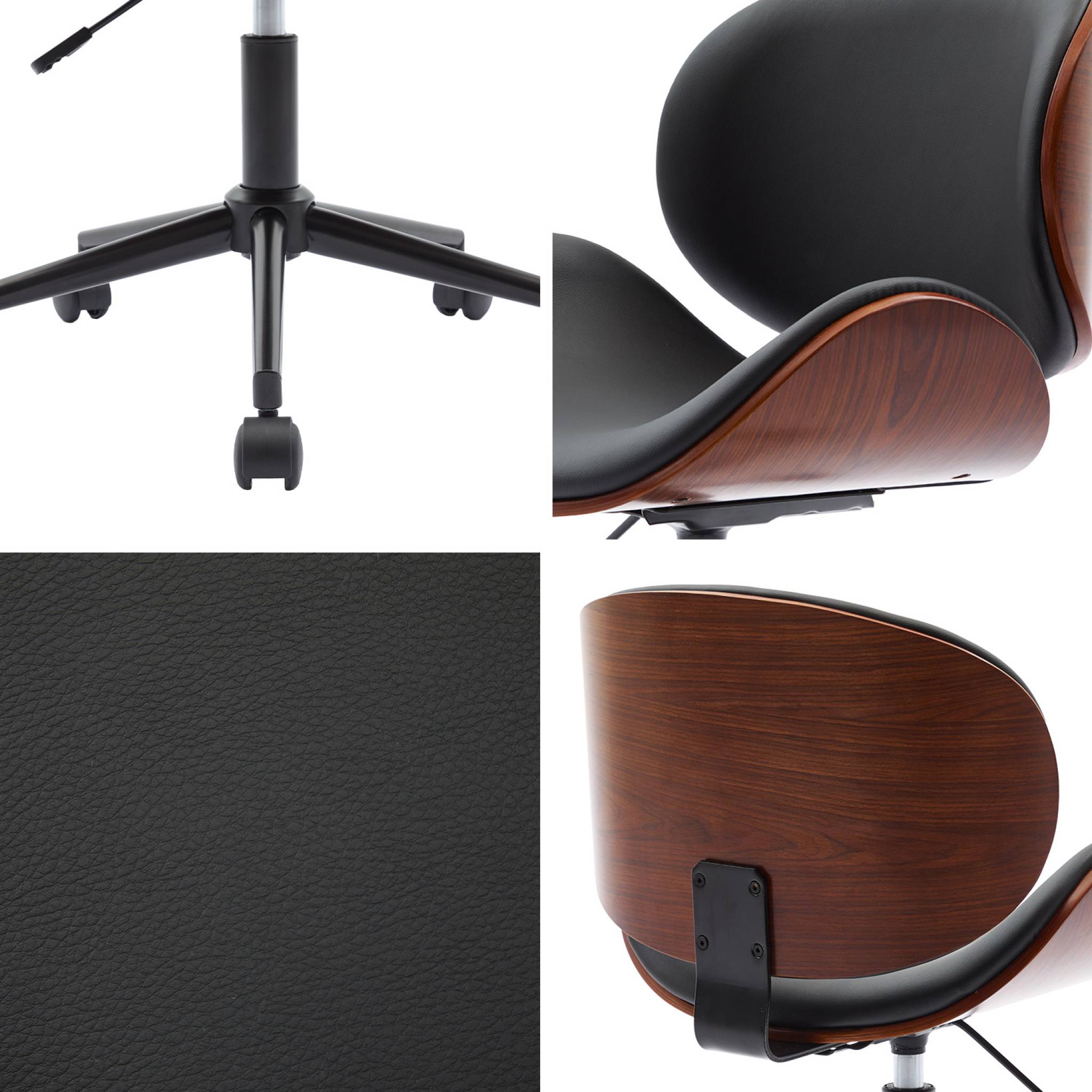 Chaise de bureau à roulettes bois courbé avec placage effet noyer et assise noire