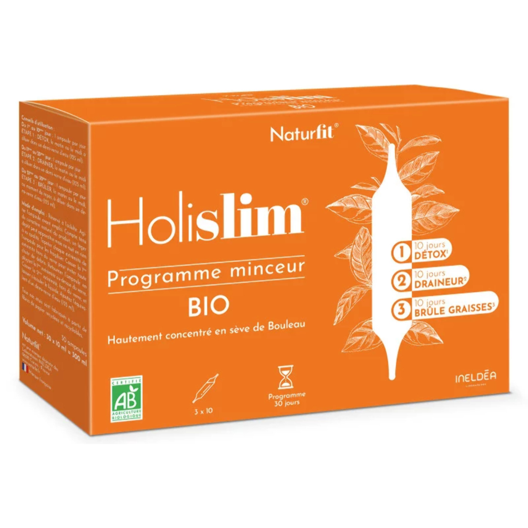 NATURFIT - Holislim® - Programme minceur BIO - Complément alimentaire aux plantes - Sève de Bouleau, Pissenlit, Thé vert, Guarana - Aider à drainer, détoxifier et brûler les graisses - 30 ampoules