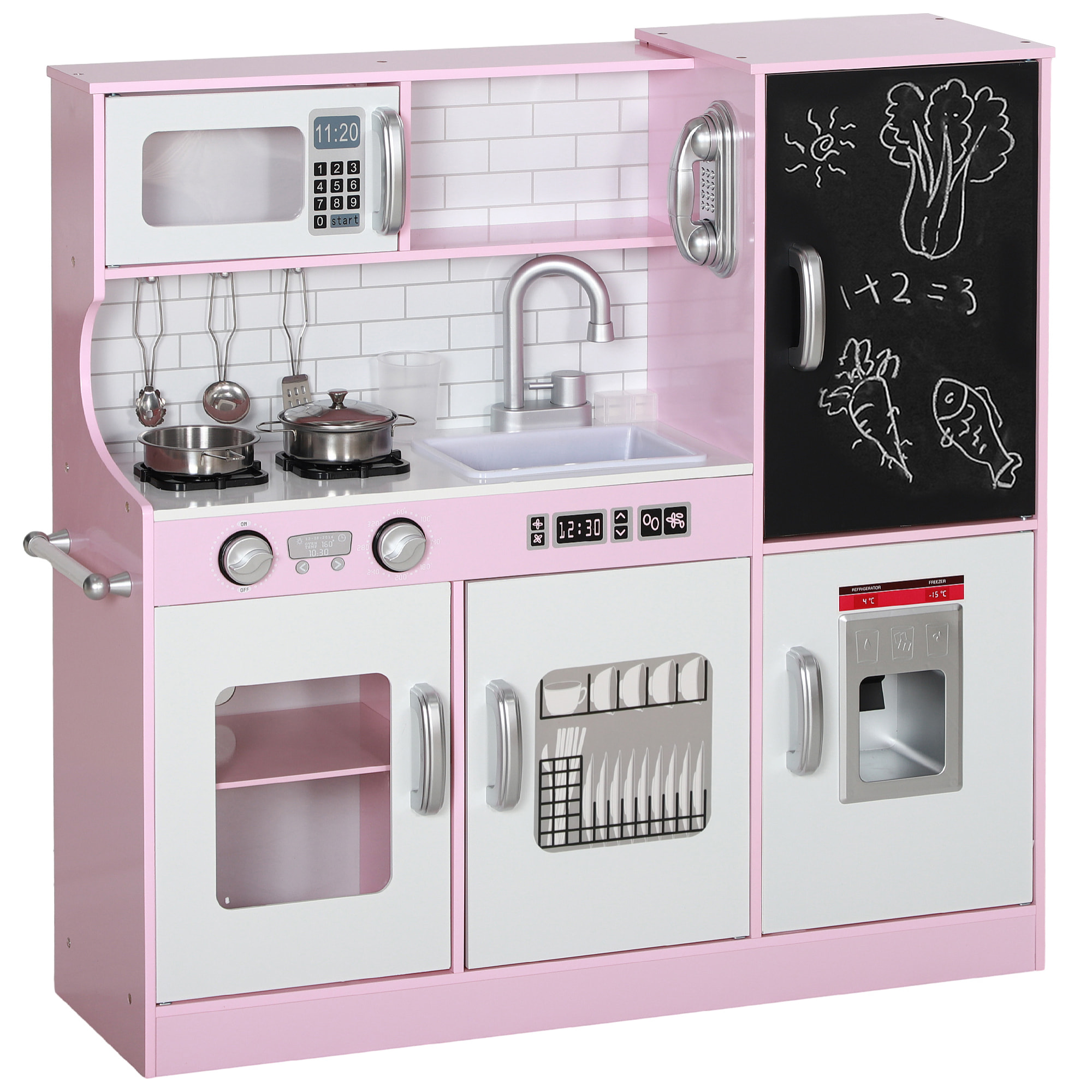 Cocina de Juguete Cocina para Niños de +3 Años Cocina Infantil de Madera con Accesorios para Cocinar Pizarra Máquina de Hielo y Teléfono 83,8x26,8x81 cm Rosa