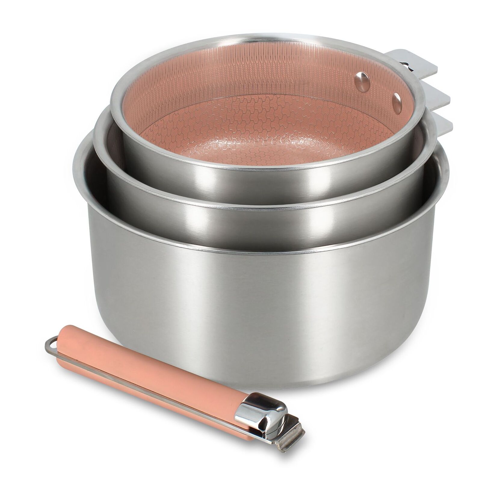 Set de 3 casseroles en acier inoxydable et une poignée amovible rose AGLAE