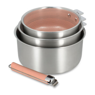 Set de 3 casseroles en acier inoxydable et une poignée amovible rose AGLAE