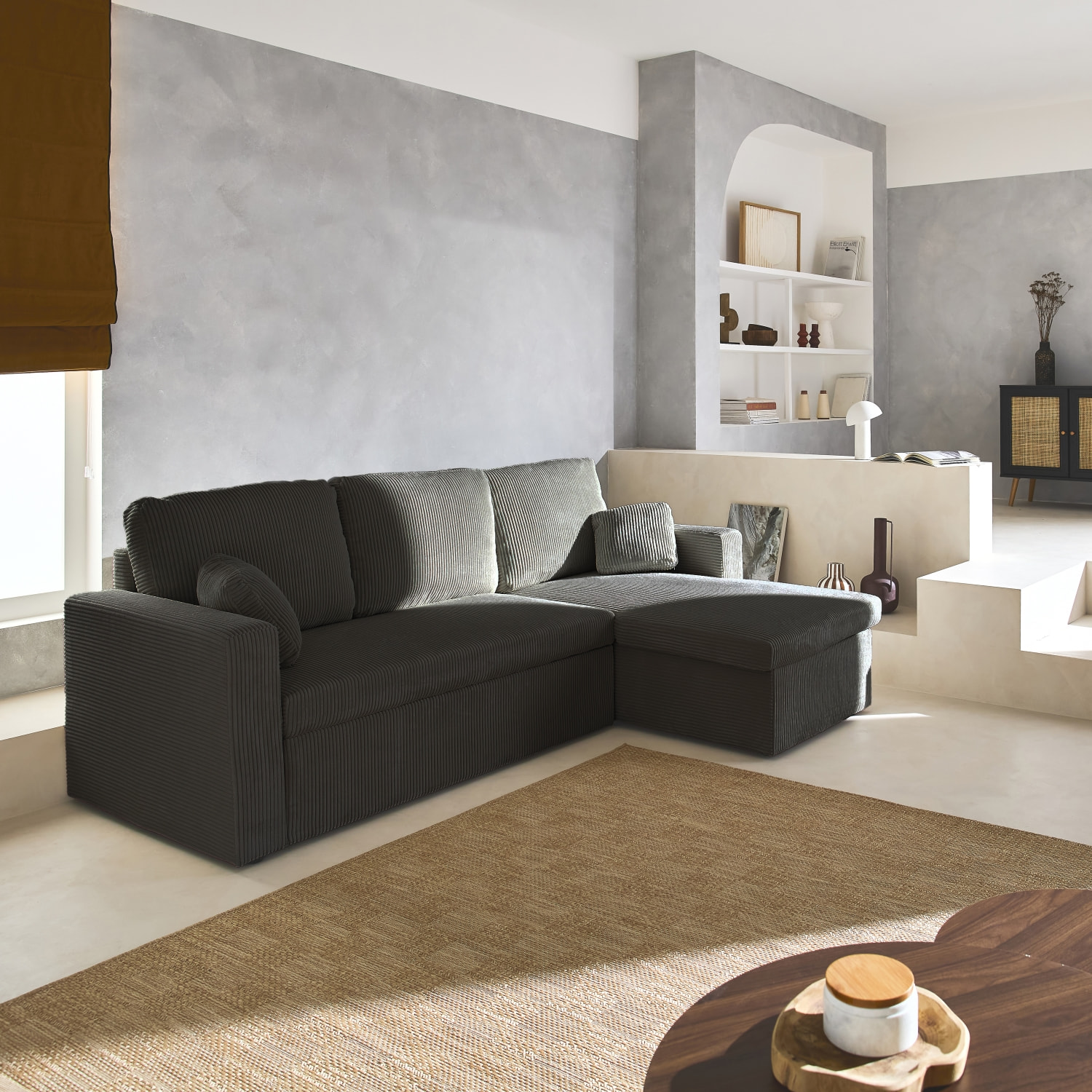 Canapé d'angle convertible réversible 3 places velours côtelé grosse côte IDA