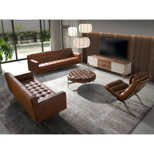 Mueble TV con estructura de madera chapada en nogal natural y madera MDF lacada en beige y unas patas de acero inoxidable pulido en dorado 200x47x54cm