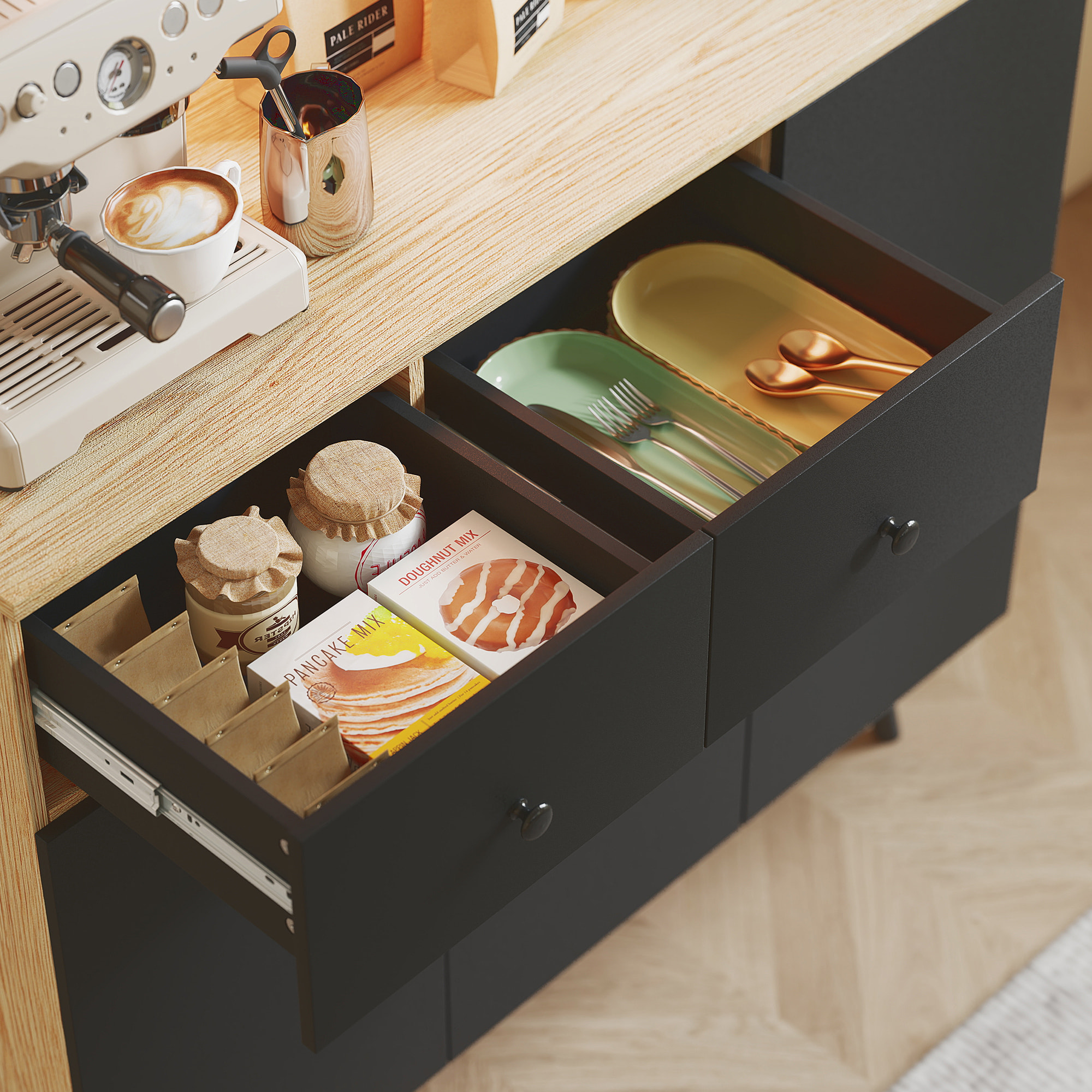 Buffet haut armoire cuisine design LED réglable avec fonction synchronisation musicale noir effet bois clair