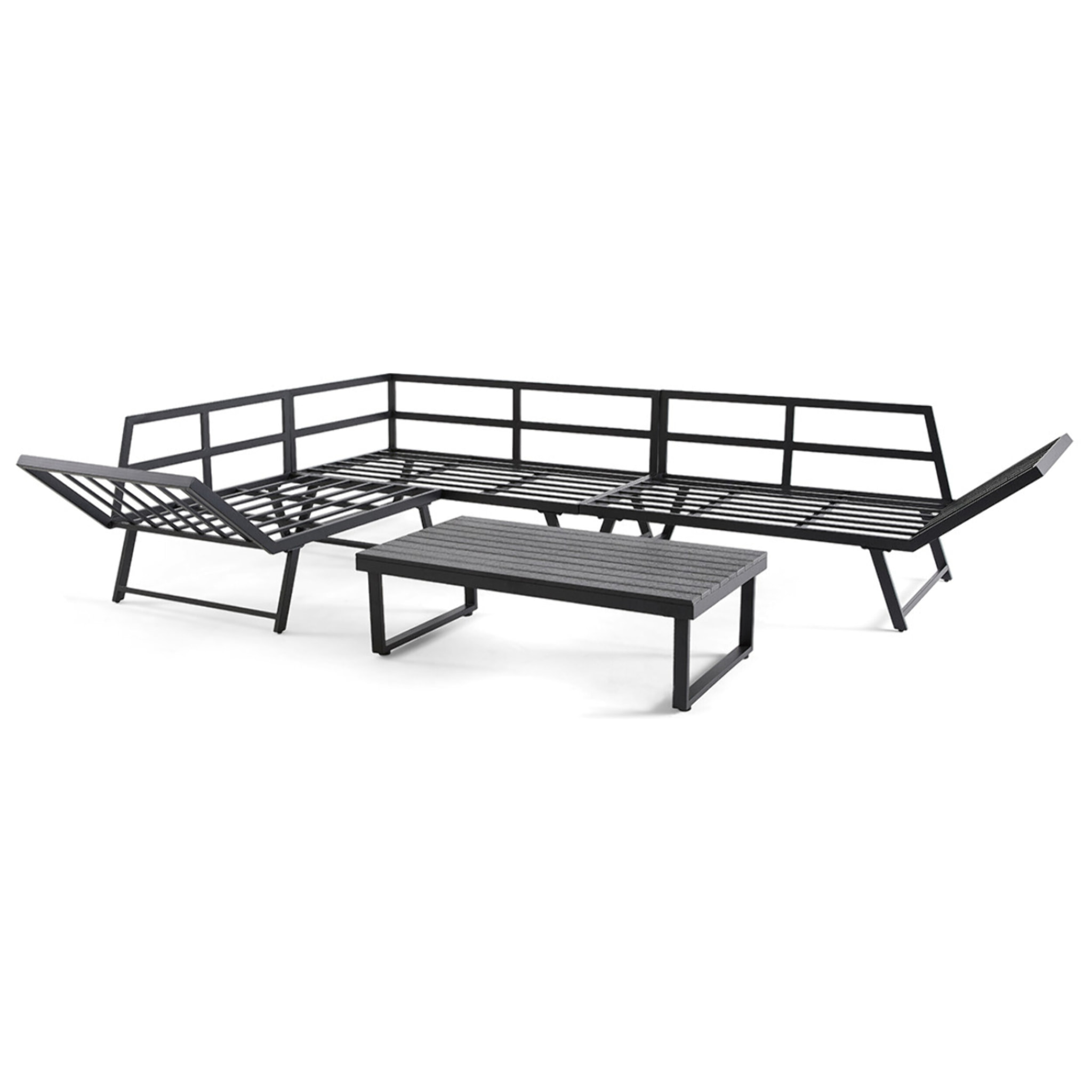 Konna - salon de jardin d'angle en acier noir - 5 places - coussin gris et table incluse - Noir / Gris
