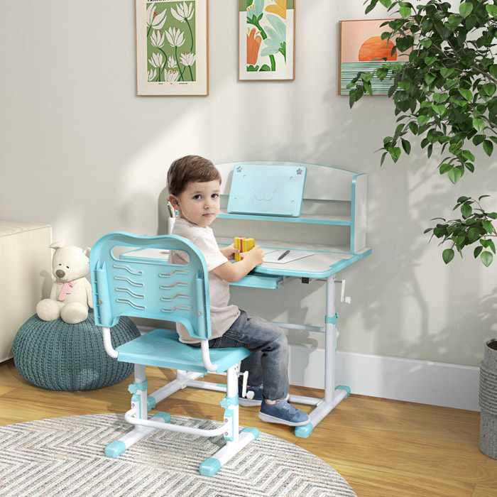 Juego de Escritorio y Silla para Niños de 6-12 Años Pupitre Infantil Altura Ajustable con 1 Cajón 1 Estante para Libros y Ángulo de Mesa Ajustable 80x54,5x82-104 cm Azul y Blanco