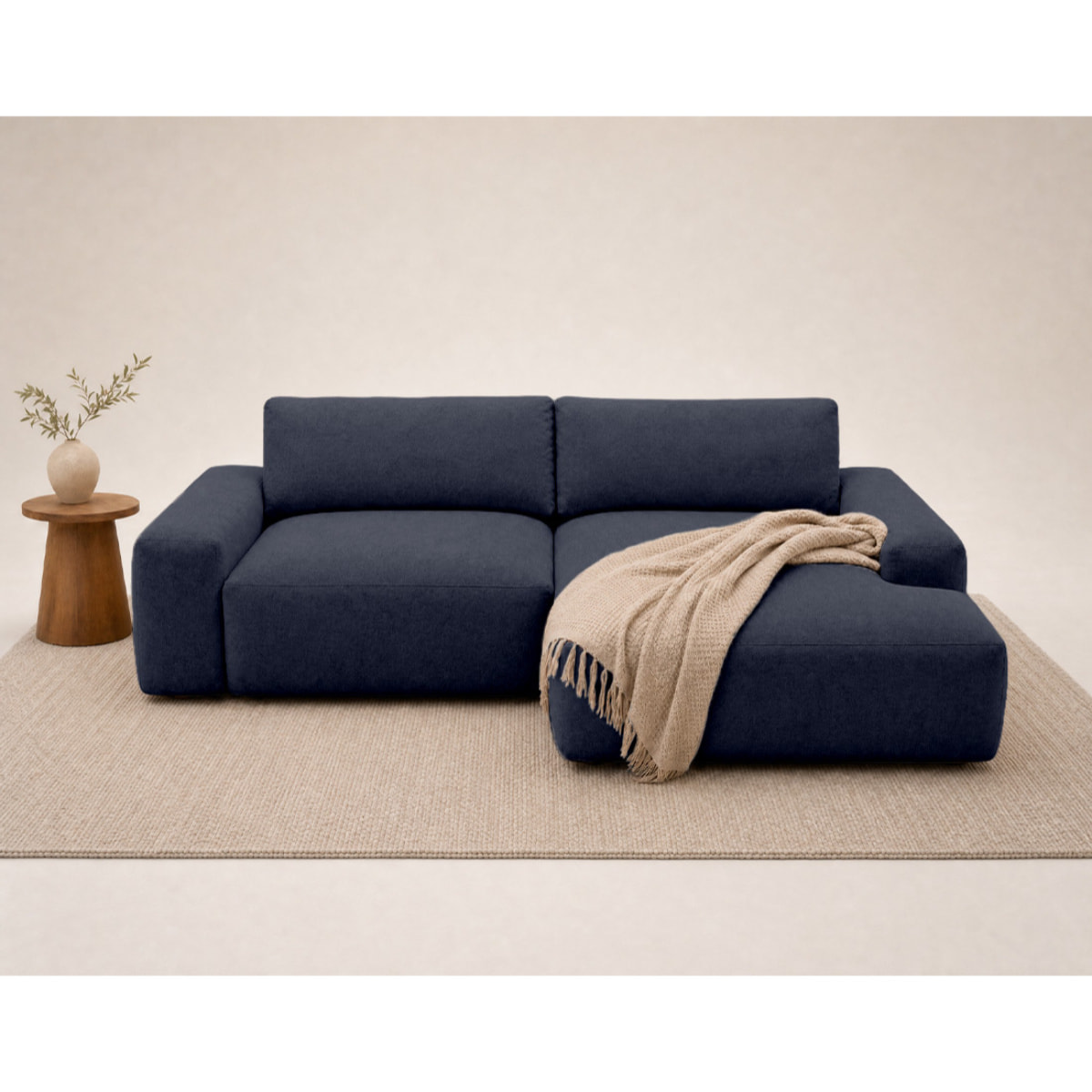 Tama - Canapé d'angle droit 4 places convertible avec coffre en tissu - Bleu marine