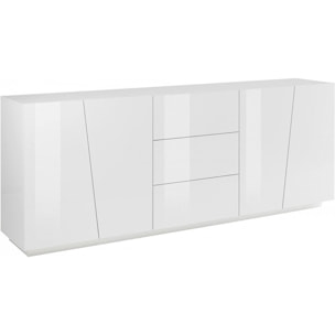 Credenza moderna a 4 ante e 3 cassetti, Made in Italy, Madia da cucina, Buffet di design da soggiorno, cm 220x43h86, colore Bianco lucido