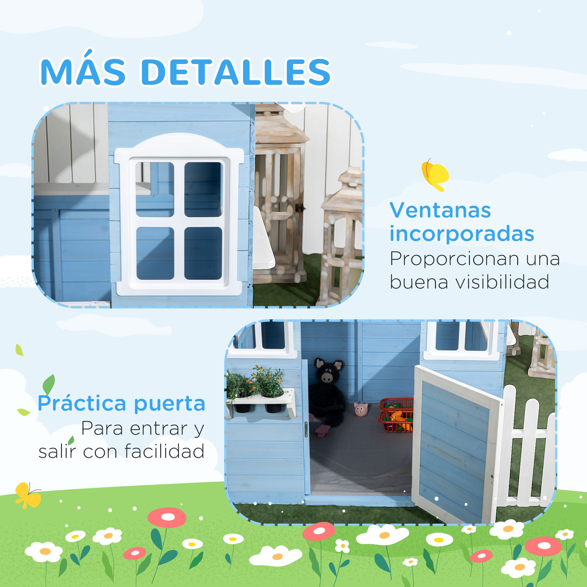 Casa de Madera Infantil Casa de Juegos Exterior para Niños de 3-7 Años con Puerta Ventanas Macetas y Vallas Laterales 151x112,5x142 cm Azul