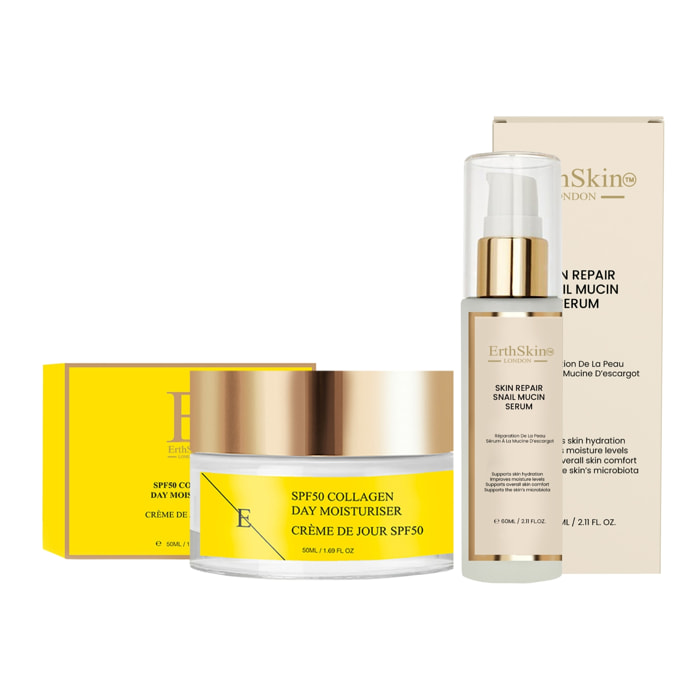 Sérum reparador de piel con extracto de caracol + crema de día con colágeno y SPF 50