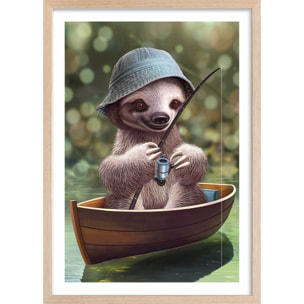 Affiche enfant paresseux à la pêche  Affiche + cadre en bois - Chêne