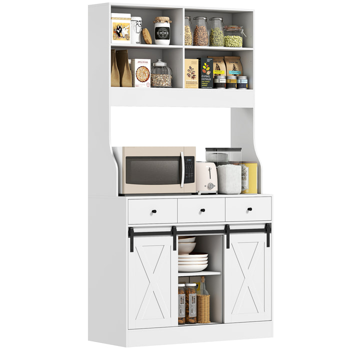 Alacena de Cocina Mueble Auxiliar de Cocina con 2 Puertas Corredizas 3 Cajones Encimera para Microondas y Estantes Ajustables Estilo Granja Blanco 93,5x40x180 cm