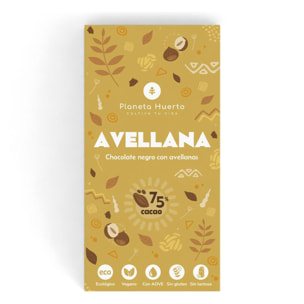 PLANETA HUERTO | Tableta de Chocolate Negro 75% con Avellanas Enteras - Ecológica, Vegana y Artesanal - 100 g |
