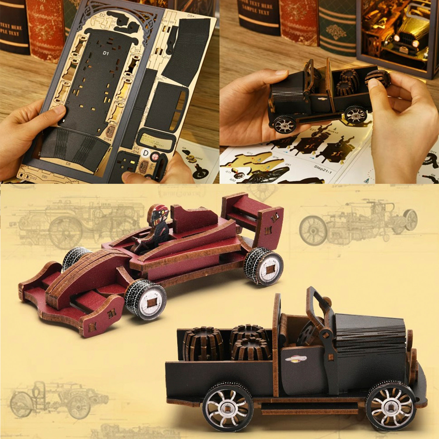 Coleccionistas de coches. Book Nook de madera, diseño 3D realista con gran detalle, cubierta y luces led. 455 piezas.