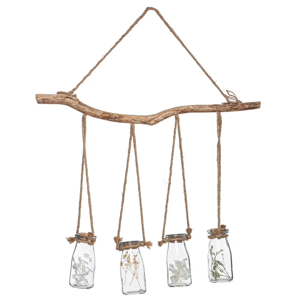 Suspension de 4 fleurs sechées pot verre H45cm