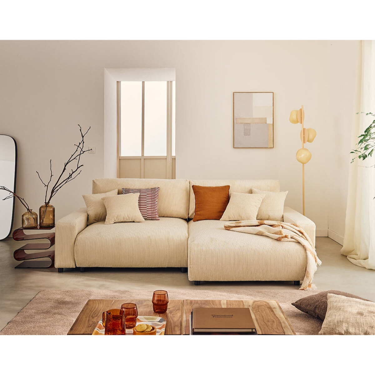 Pivoine - canapé d'angle 4 places réversible convertible avec 2 coffres en velours côtelé - Beige