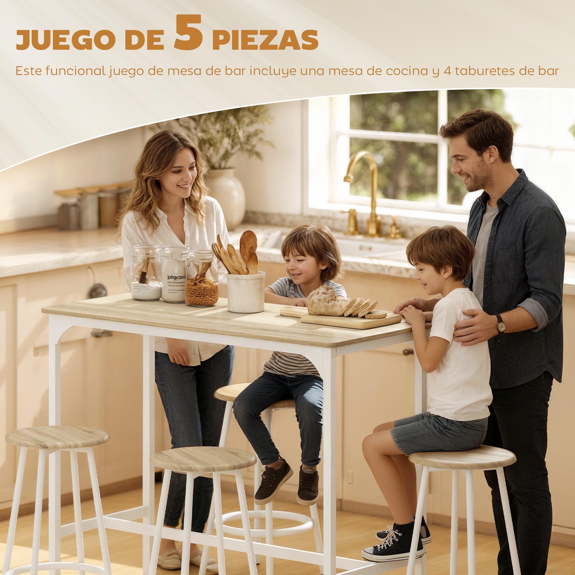 Conjunto Mesa Alta de Cocina con 4 Taburetes, Mesa de Bar Alta, Ahorro de Espacio, para Pisos Pequeños, Comedor, Balcón o Isla Cocina 110x50x89,5 cm, Natural y Blanco