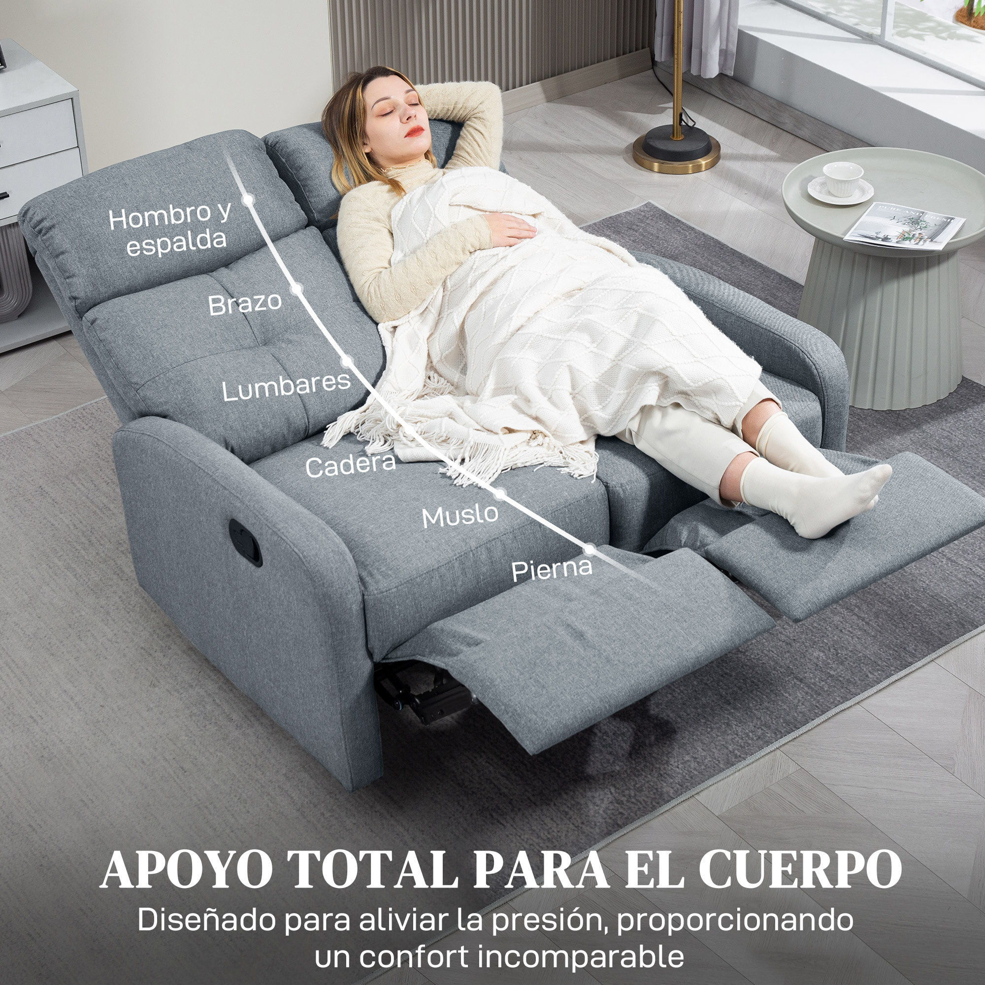 Sofá de 2 Plazas Reclinable Manual Sofá Relax Tapizado en Lino con Respaldo Ajustable por Separado Reposapiés Muelles Ensacados y Acolchado Grueso para Dormitorio Salón 118x95x101 cm Gris