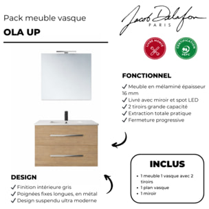 Pack meuble vasque 80 cm Ola up chêne + miroir + spot