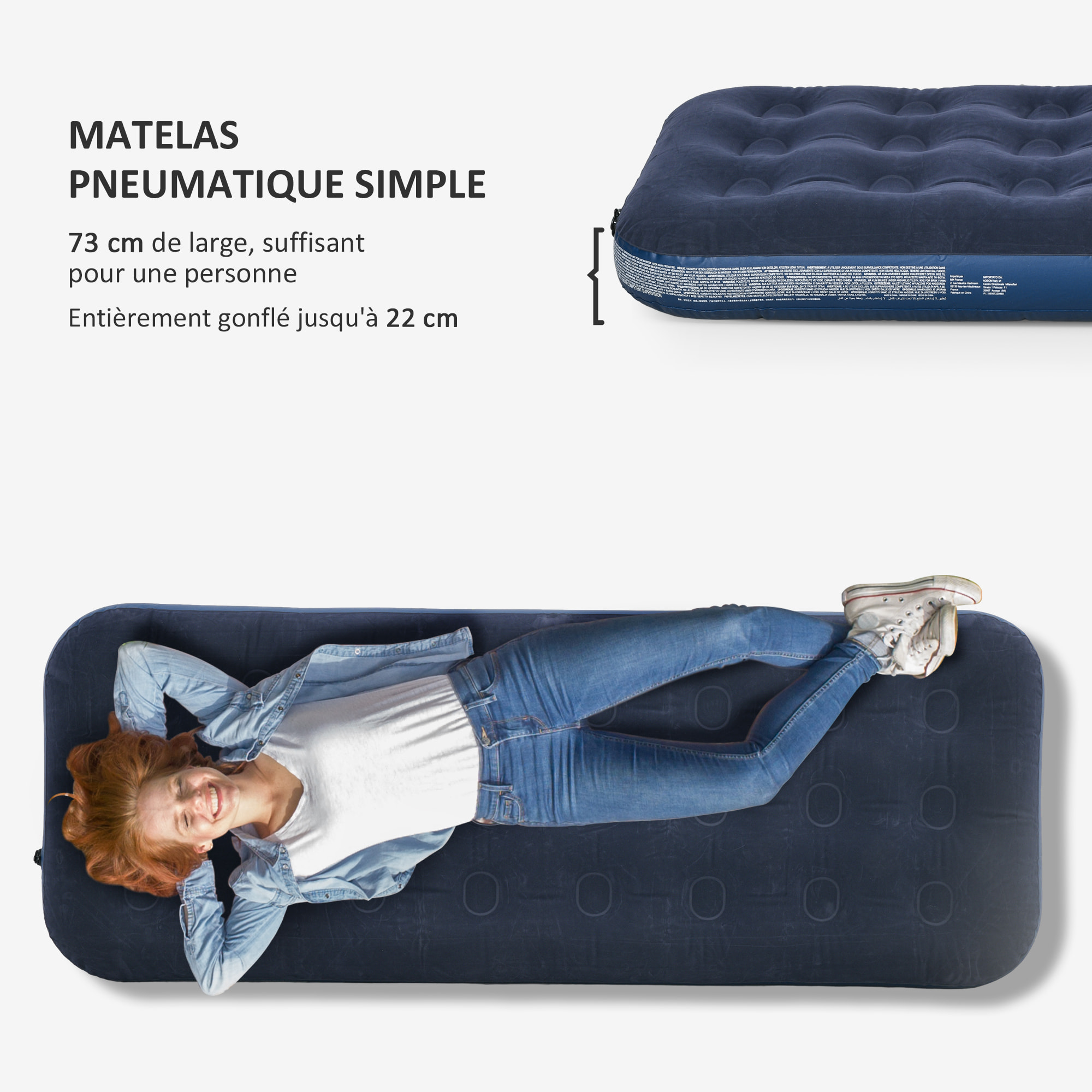 Matelas gonflable 1 personne lit pneumatique simple avec gonfleur manuel surface floquée bleu