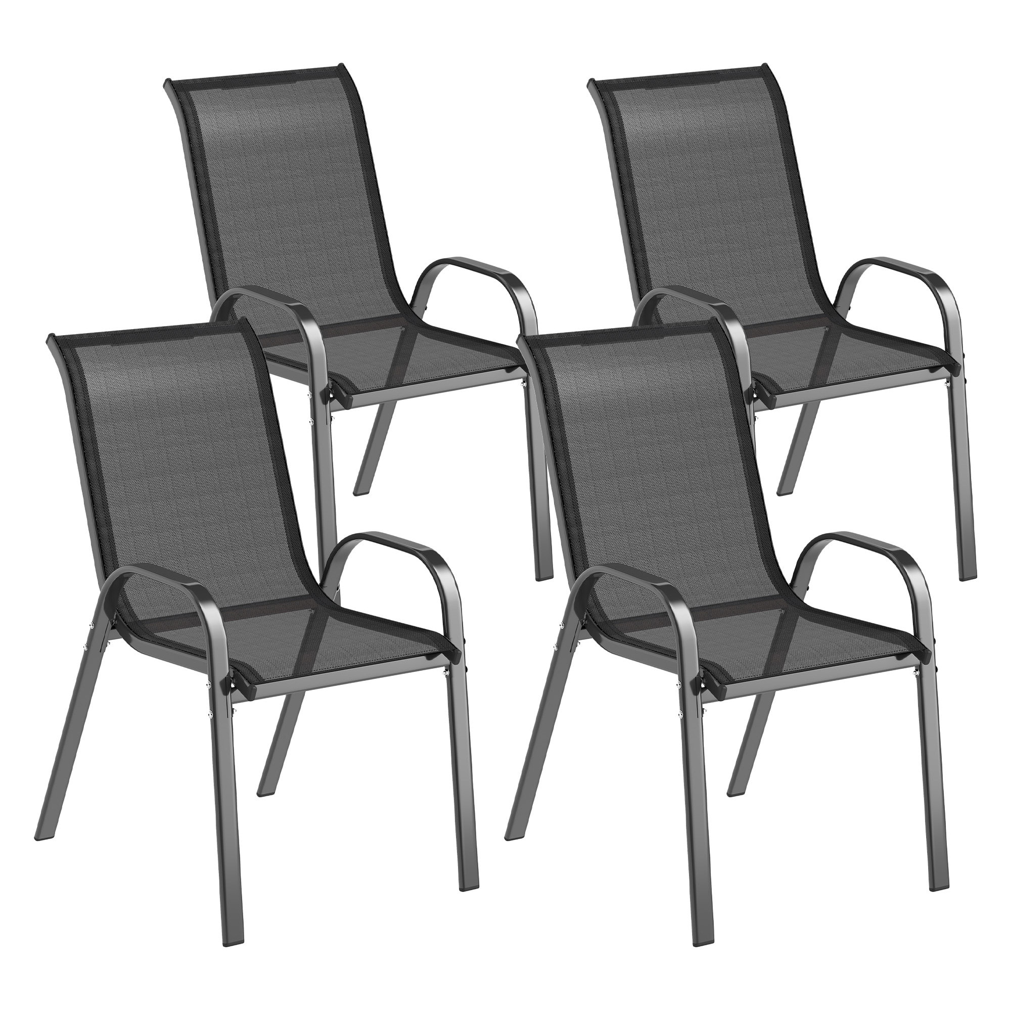Lot de 4 chaises de jardin empilables - assise ergonomique, haut dossier, accoudoirs - acier textilène noir