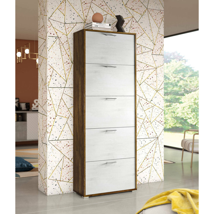 Scarpiera Surfinia, Mobile multiuso da ingresso con 5 ante a ribalta, Armadietto portascarpe a doppia profondità, 100% Made in Italy, Cm 67x28h183, Bianco e Rovere