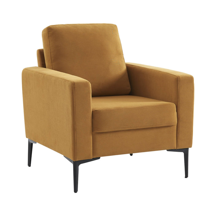 Fauteuil en velours côtelé ocre - Bjorn - Canapé 1 place fixe droit pieds métal