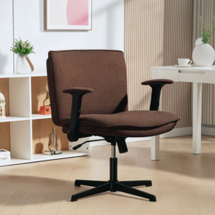Silla de Oficina Piernas Cruzadas, Silla de Escritorio con Reposabrazos Abatible, Asiento Ancho, sin Ruedas, Altura Ajustable, Giratoria, Función Basculante, Tapizada en Lino, Marrón