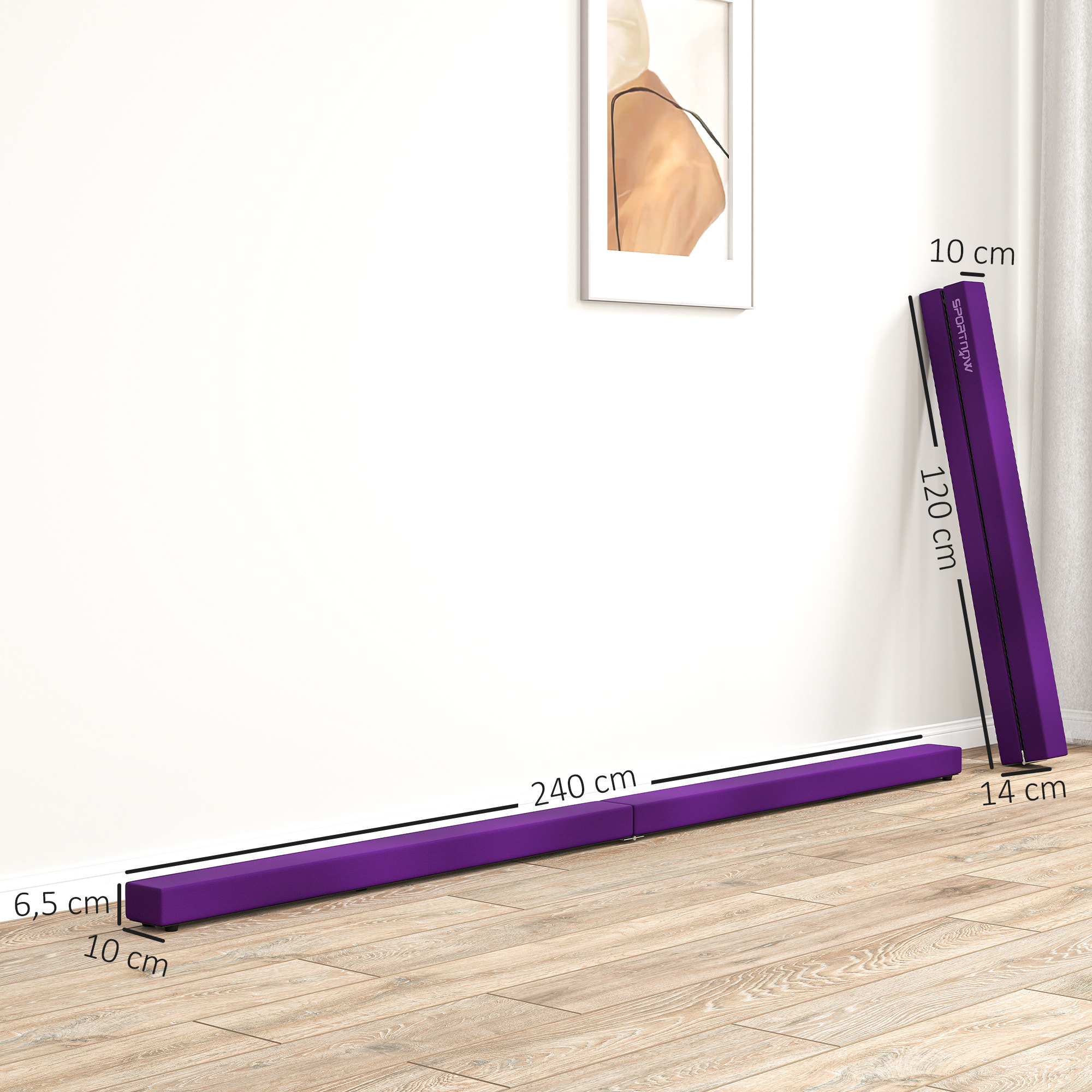 Poutre gymnastique pliable 240 cm - poutre d'équilibre antidérapante - bois de pin revêtement flanelle violet
