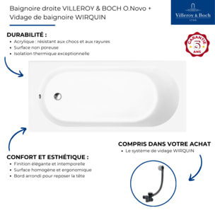 Baignoire droite 170 x 75 O.Novo + Vidage de baignoire WIRQUIN noir
