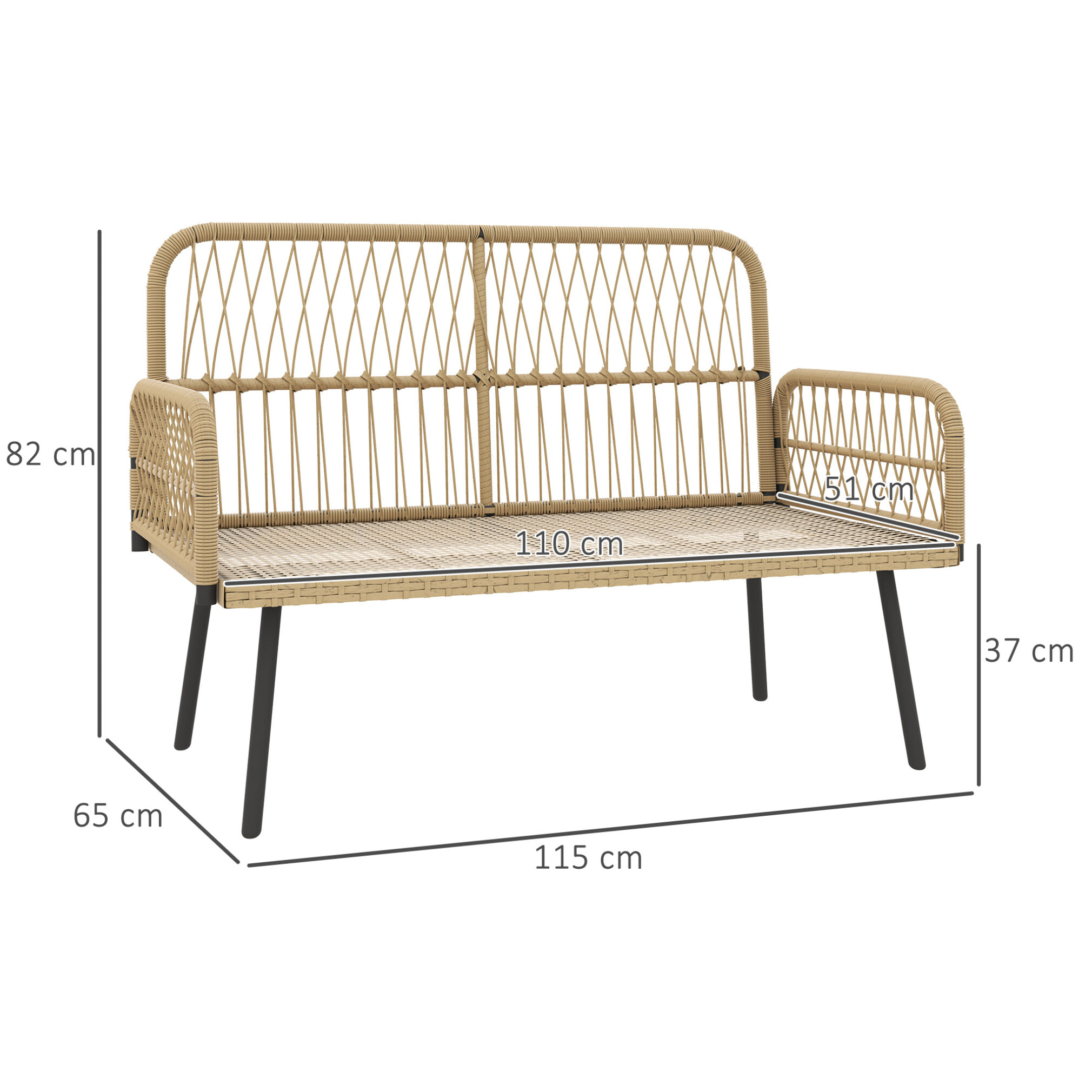 Canapé de jardin 2 places style colonial 5 coussins beige résine tressée aspect rotin