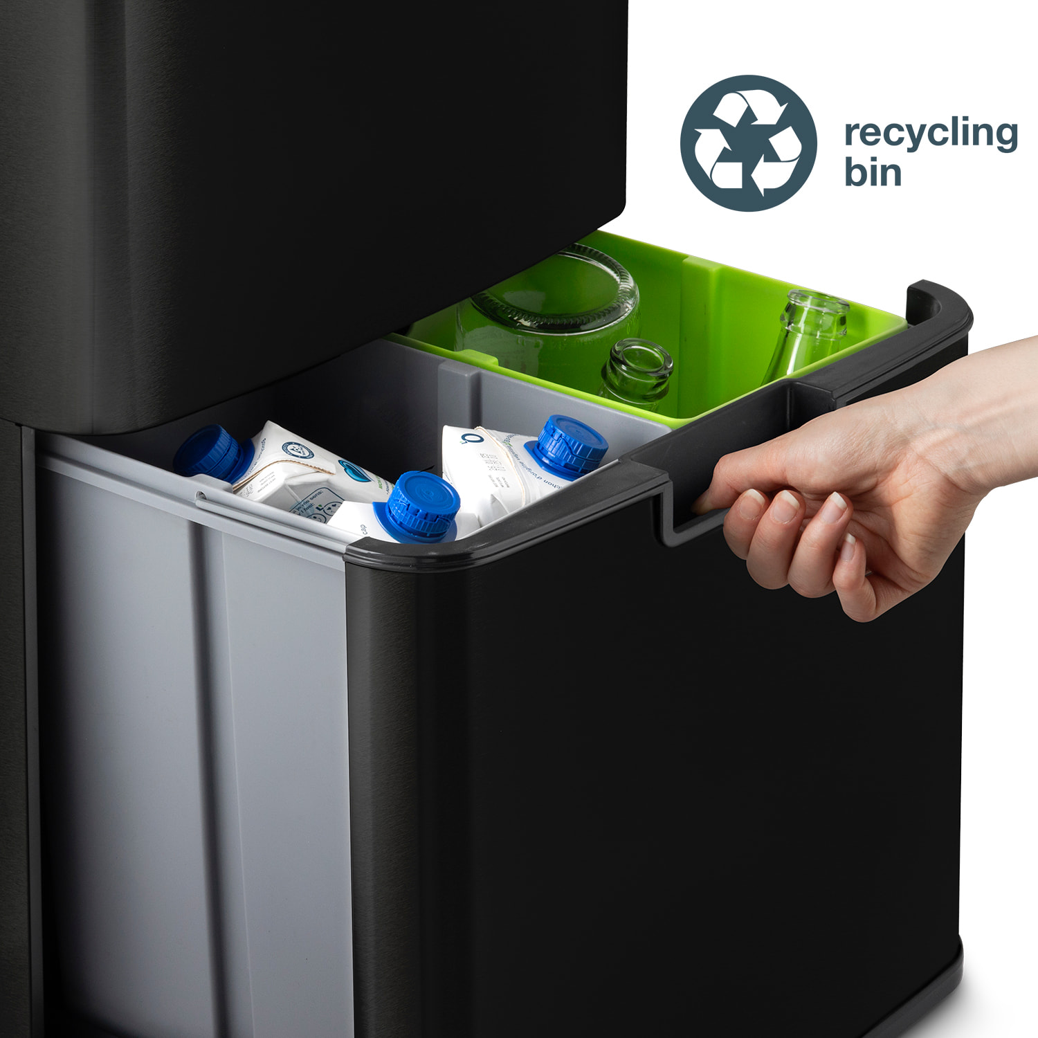 Papelera de clasificador, Les Collectors, N°1015, de acero inoxidable, apertura y cierre automáticos, 69L, negro mate