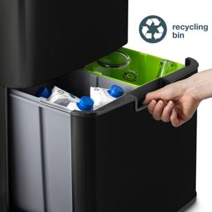 Papelera de clasificador, Les Collectors, N°1015, de acero inoxidable, apertura y cierre automáticos, 69L, negro mate