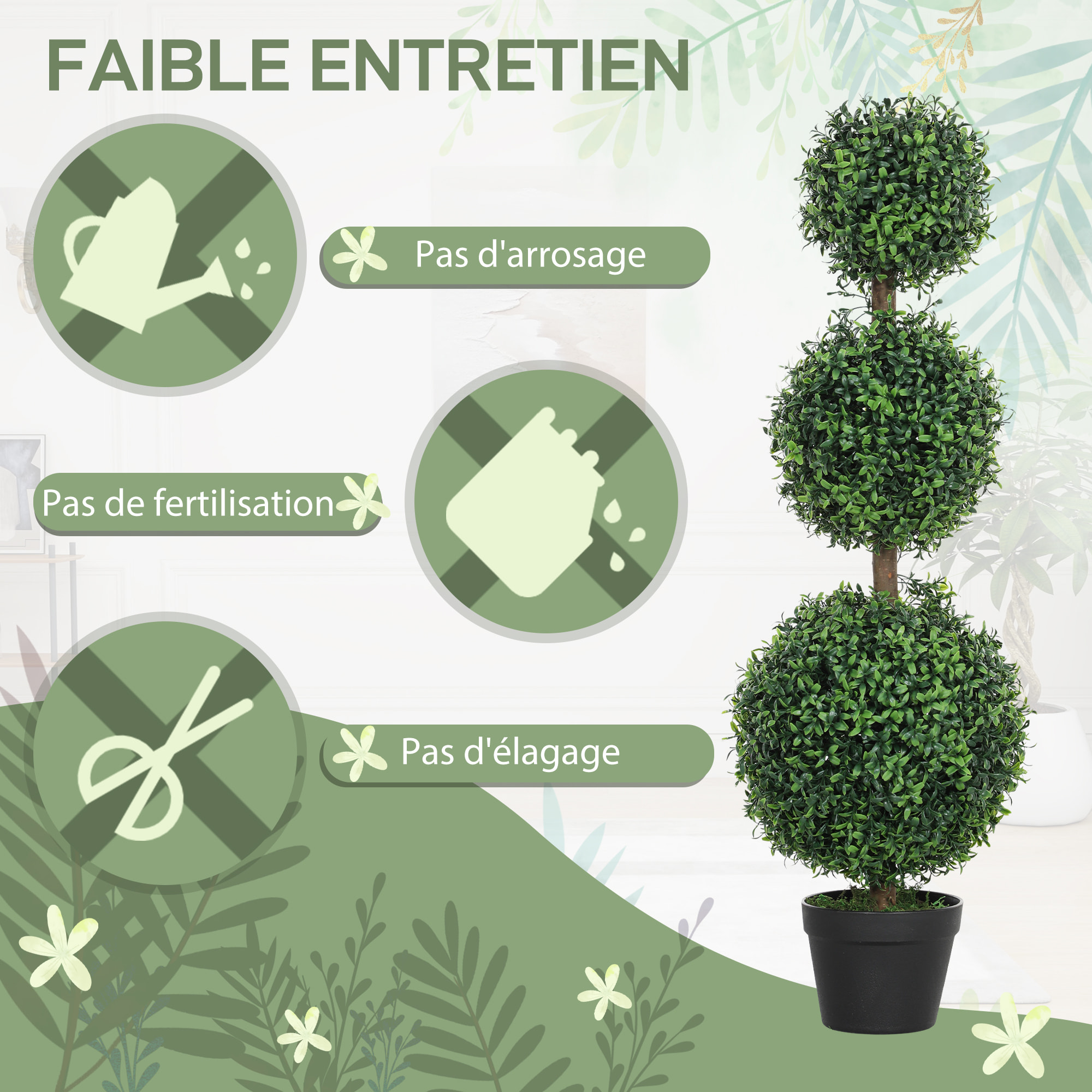 Lot de 2 buis artificiels topiaires en forme de boules x 3 dim. Ø30 x 101H cm avec pots