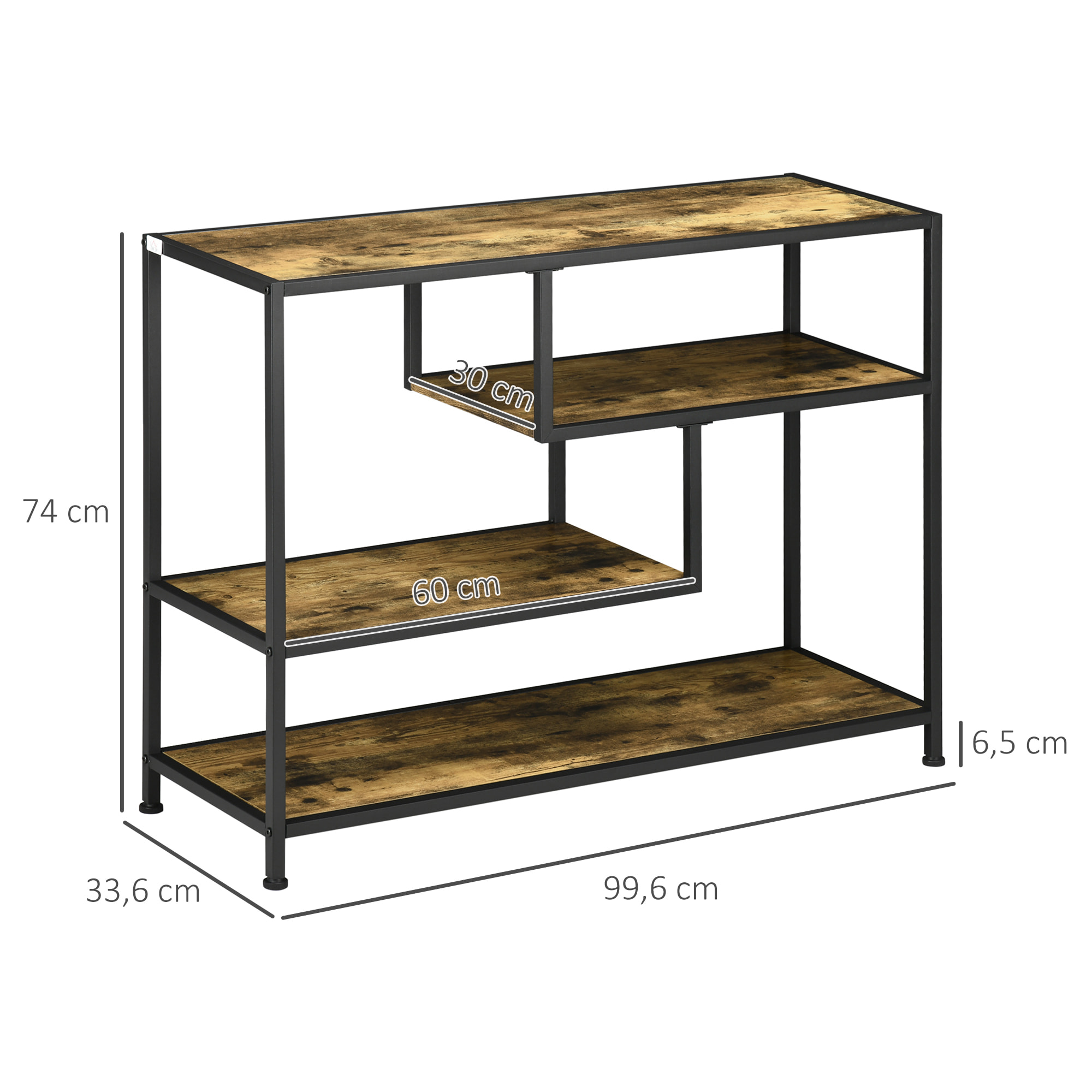 Console design industriel 4 étagères acier noir panneaux aspect bois vieilli